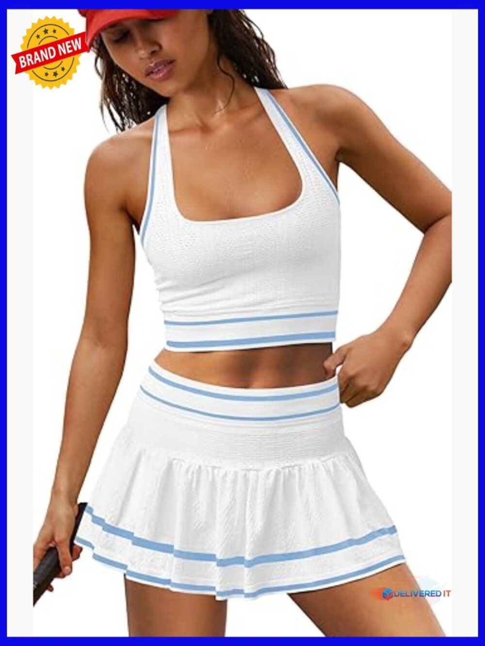 Tennis Skirt Set 2 Piece Outfits Seamless Halter Top and Skirt with Pockets